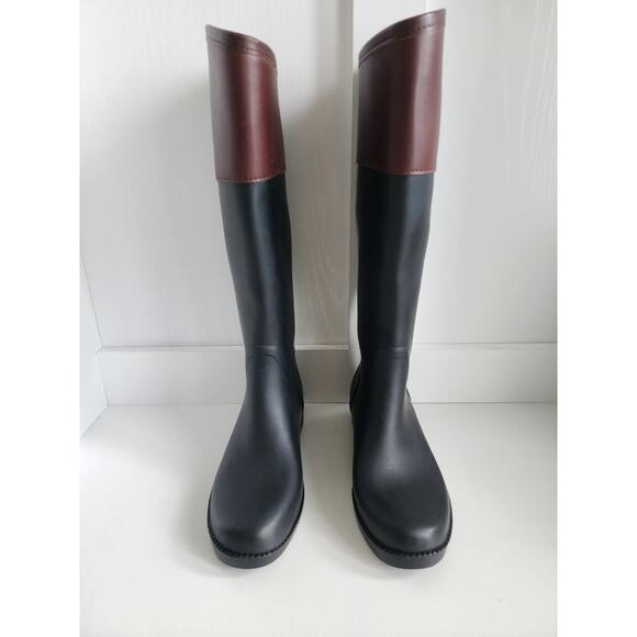Tory Burch Diana Tall Rubber Rain Boots Womens Size 6 Logo Black Brown Logo - Picture 2 of 11